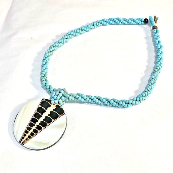 Unbranded Jewelry - Unique Blue Beaded Necklace Carved MOP Shell Pendant tribal beachy Boho collar
